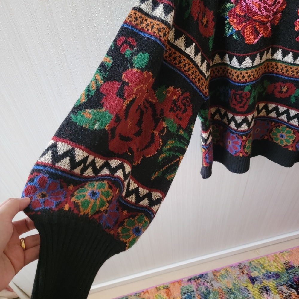 Farm Rio Black with Roses Sweater Size XL